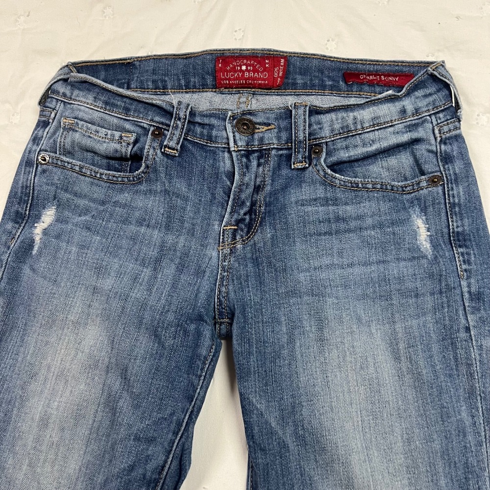 Lucky Brand Charlie Skinny Jeans Medium Wash Distressed Raw Hem 0/25 29 Inseam
